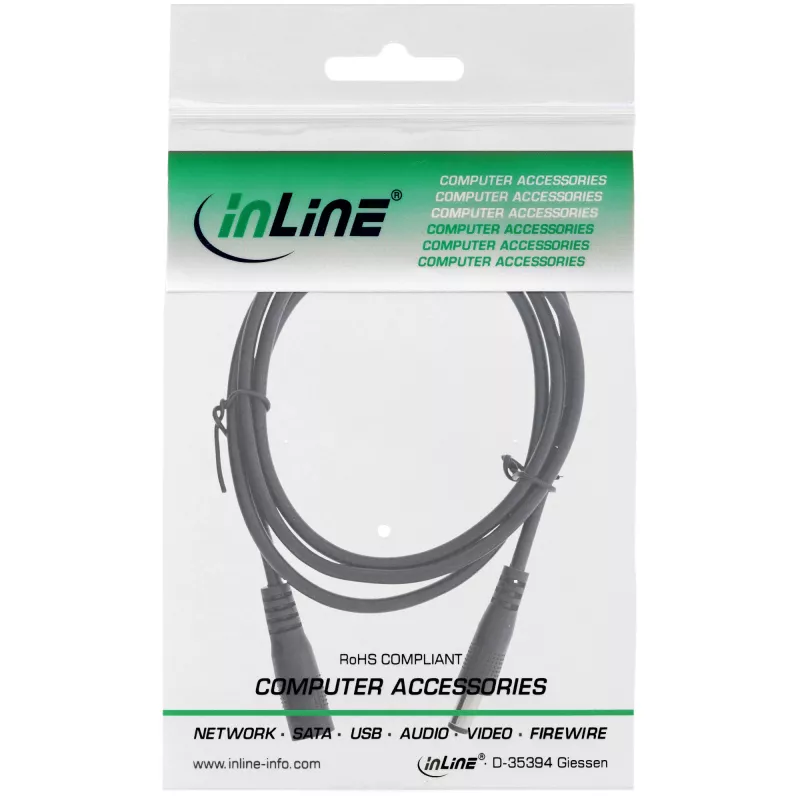 InLine DC extension cable, DC plug male/female 5.5x2.1mm, black, 1m