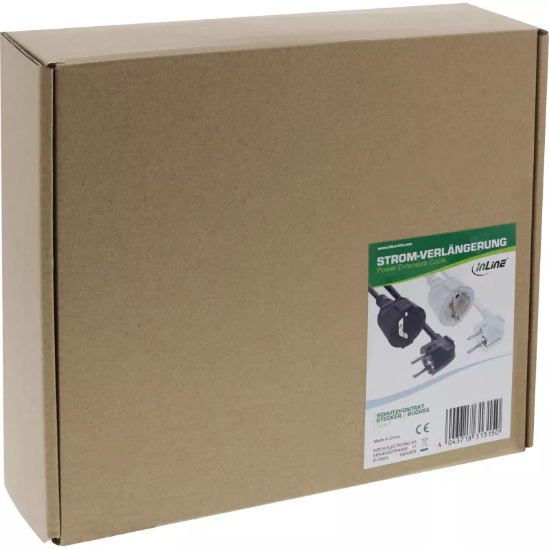 InLine Power Extension Cable Type F angled, white, 15m, 15 m, Indoor, Type F, Type F, Angled, 1.5 mm²