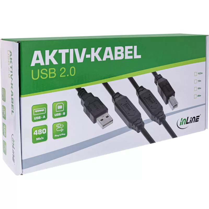InLine USB 2.0 active cable, USB-A male to USB-B male, 15m, 15 m, USB A, USB B, USB 2.0, 0.48 Gbit/s, Black