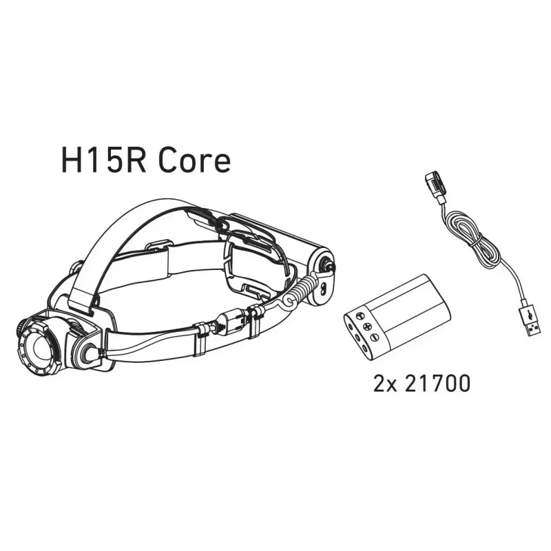 Headlamp Led Lenser H15R Core — headband LED flashlight, 2500 lm, 21700 rechargeable battery, IP67, 250 m beam, 4 power levels, aluminium, black