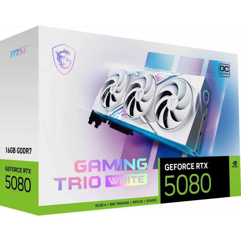 Graphics Card MSI GeForce RTX 5080 16 GB GDDR7, PCIe 5.0, 256-bit, 3xDP 2.1a + HDMI 2.1b, 360W, 3 fans, White