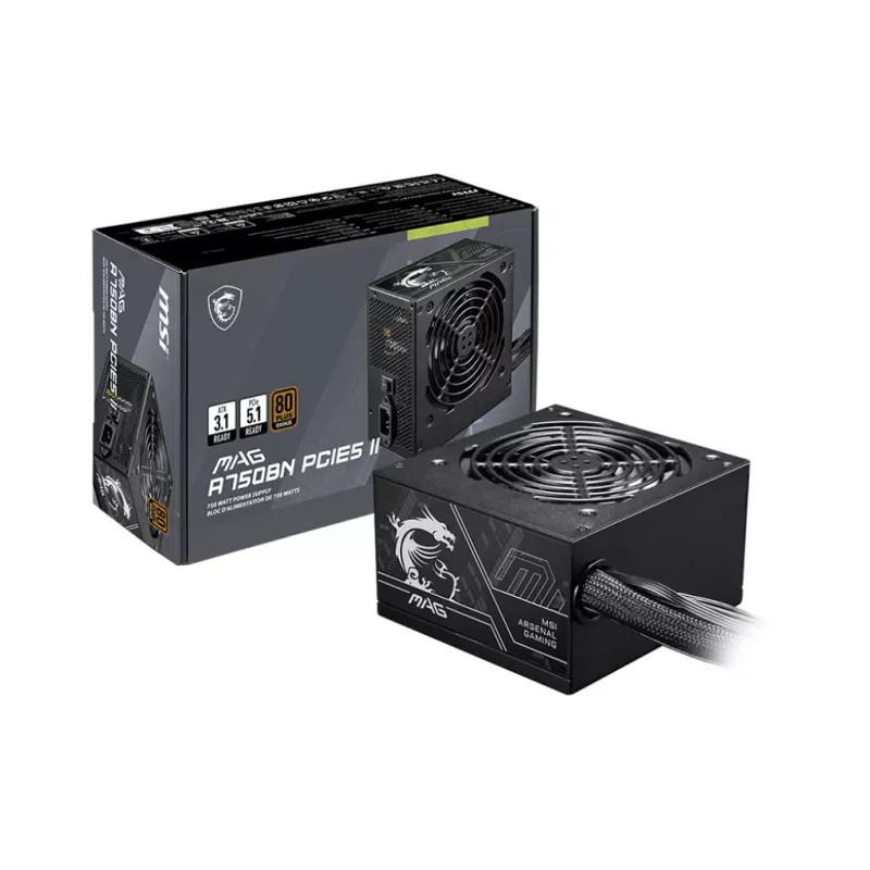Power supply unit MSI MAG A750BN PCIE5 II 750 W, 24‑pin ATX, Non‑Modular, 80 PLUS Bronze, 120 mm fan, Black