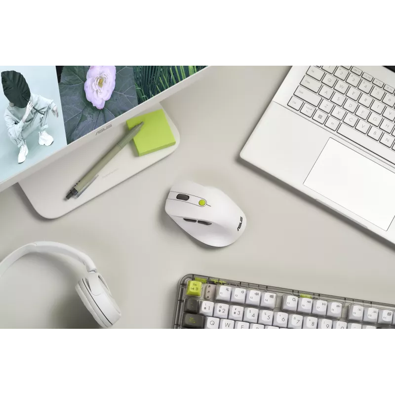 Mouse ASUS MD105 /VT-GN — right-hand RF wireless + Bluetooth, 2400 DPI, wheel scroll, battery-powered, white/green