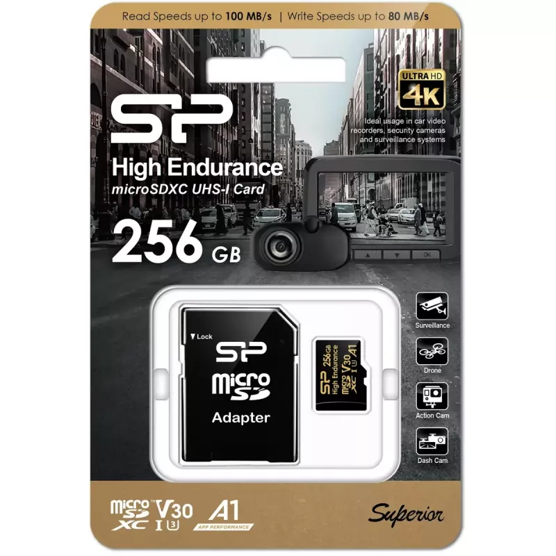 MicroSDXC card Silicon Power SP256GBSTXDV3V1HSP 256 GB Class 10 High Endurance, 3.6 V, 0–70°C