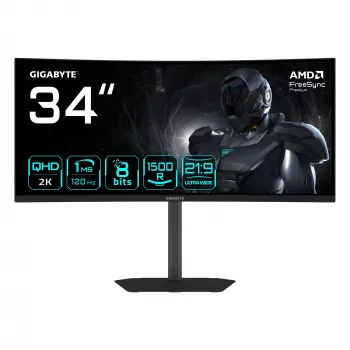 GIGABYTE GS34WQCA 34 inch WQHD Curved Gaming Monitor - 3440 x 1440, 1500R, 120Hz, 1ms, 300 cd/m², FreeSync Premium, HDR Ready, HDMI 2.0, Displayport 1.4