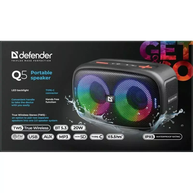 Defender Q5 Stereo Portable Bluetooth Speaker, 20W, LED Illumination, FM Radio, TWS