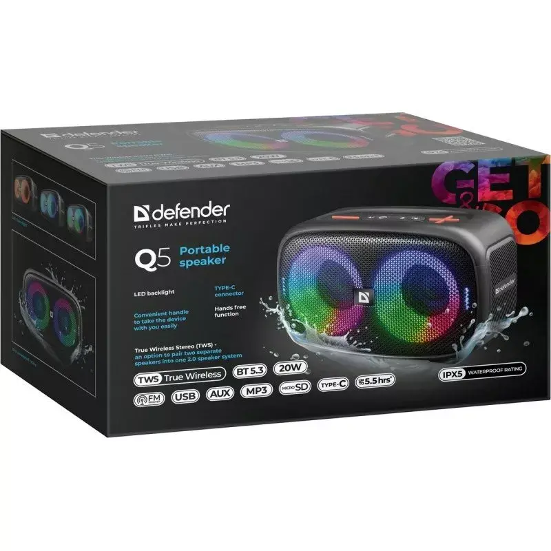 Defender Q5 Stereo Portable Bluetooth Speaker, 20W, LED Illumination, FM Radio, TWS