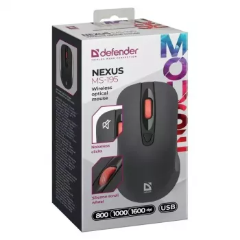 Wireless RF Silent Optical Mouse DEFENDER Nexus MS-195 — 1600 DPI, 2.4 GHz, Nano USB, Ambidextrous, 2×AAA, Black