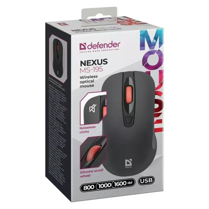 Wireless RF Silent Optical Mouse DEFENDER Nexus MS-195 — 1600 DPI, 2.4 GHz, Nano USB, Ambidextrous, 2×AAA, Black