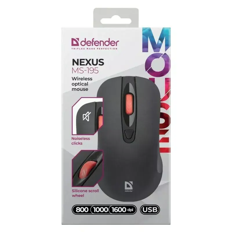 Wireless RF Silent Optical Mouse DEFENDER Nexus MS-195 — 1600 DPI, 2.4 GHz, Nano USB, Ambidextrous, 2×AAA, Black