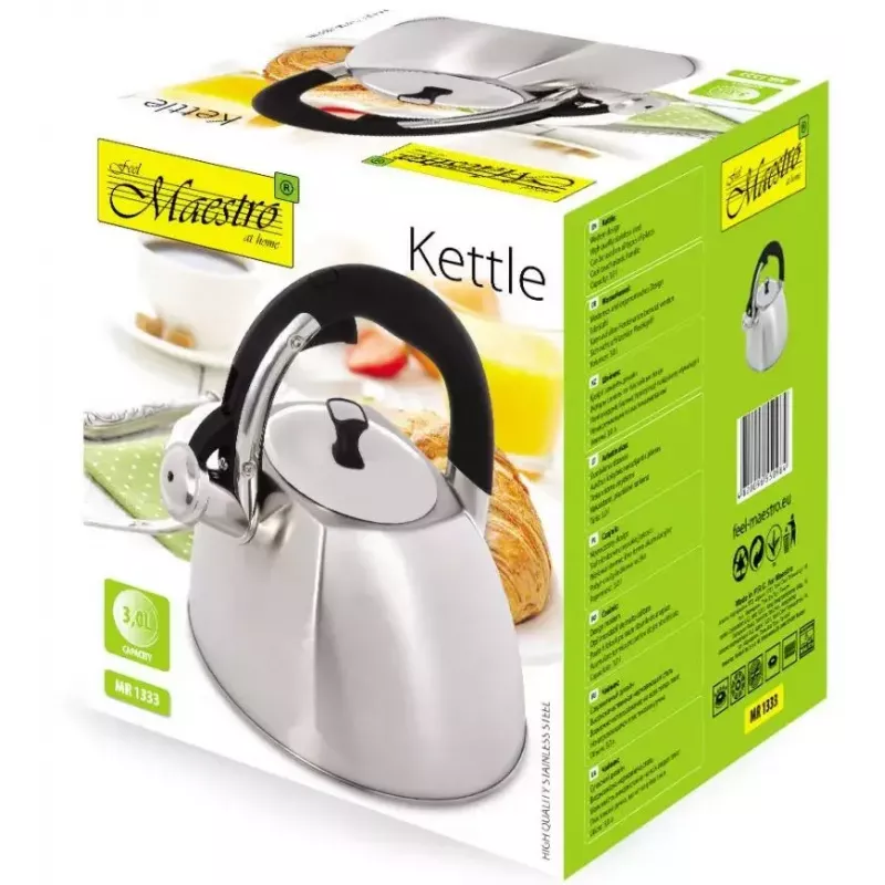 Electric kettle Maestro MR-1333 — 3.0 L stainless steel, hinged whistle, manual lid, multi-layer insulated bottom