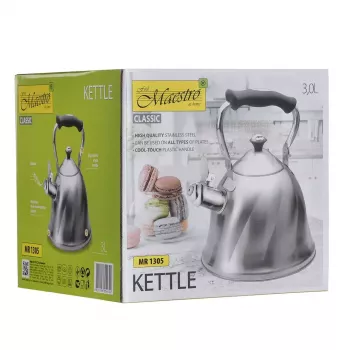 Kettle Maestro MR-1305 — stainless steel stovetop kettle, 3.0 L, induction-compatible, whistle, hinged lid