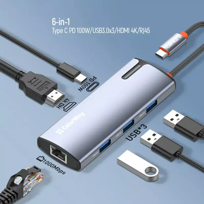 Docking station ColorWay CW-HUB02 6-in-1 100W — multiport hub with power delivery