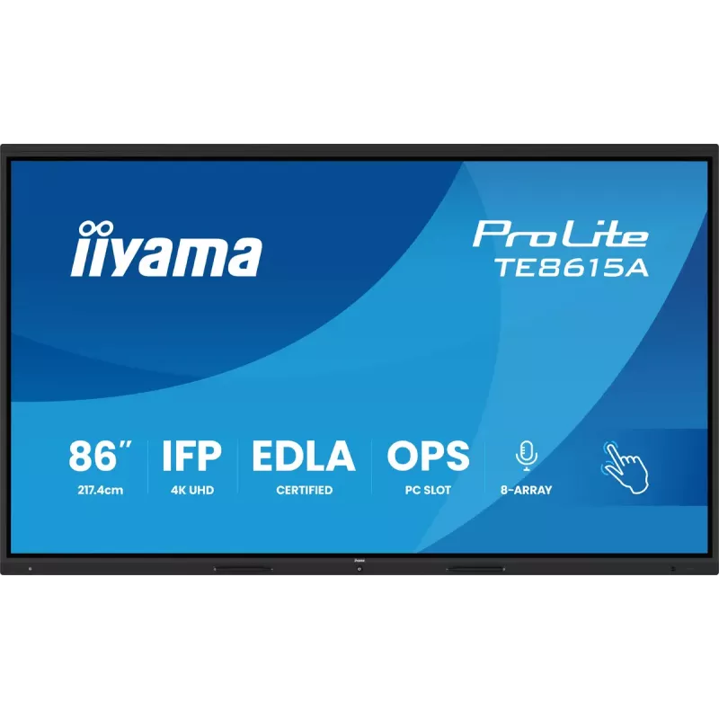 IIYAMA ProLite TE8615A-B2AG 86 inch 4K UHD Interactive Touch Display with Android 14 EDLA, Wi-Fi 6E, 20-point IR Touch, 2x16W Speakers, USB-C PD, VESA 800x400