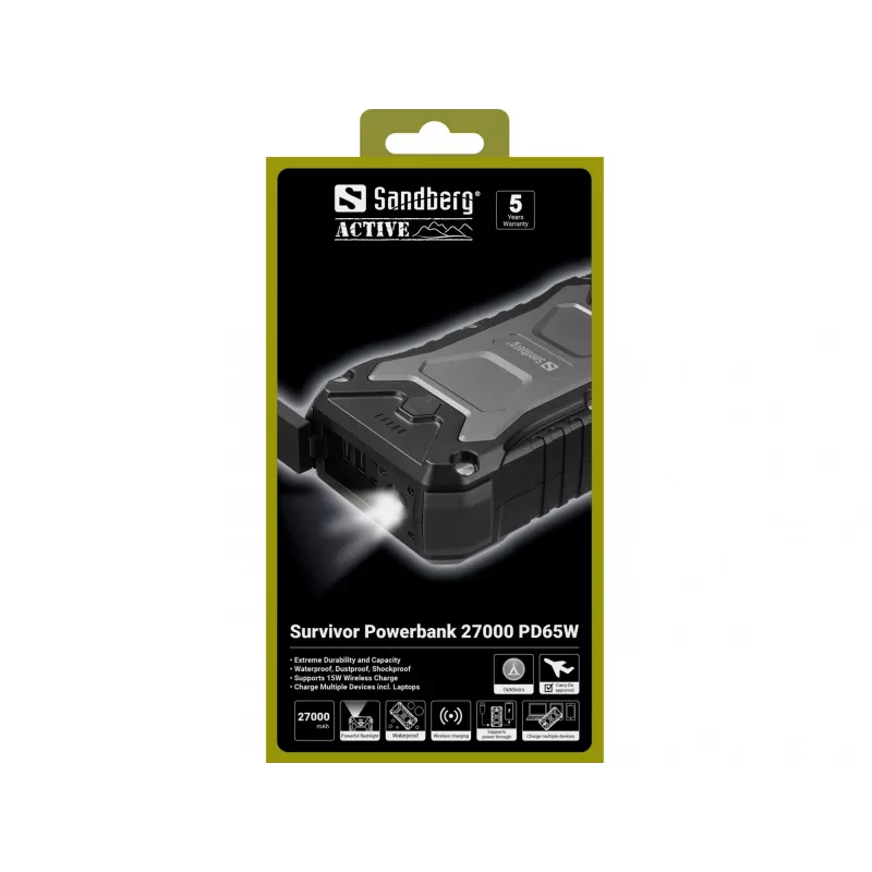 Sandberg Survivor Powerbank 27000 PD65W, 27000 mAh, Power Delivery, Quick Charge 3.0, Wireless charging, Black