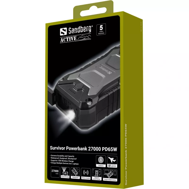 Sandberg Survivor Powerbank 27000 PD65W, 27000 mAh, Power Delivery, Quick Charge 3.0, Wireless charging, Black