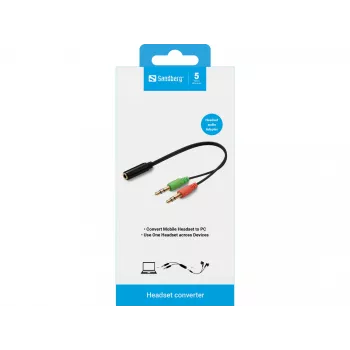 Sandberg Headset converter(mobile) PC, 2 x 3.5mm, Male, 3.5mm, Female, Black
