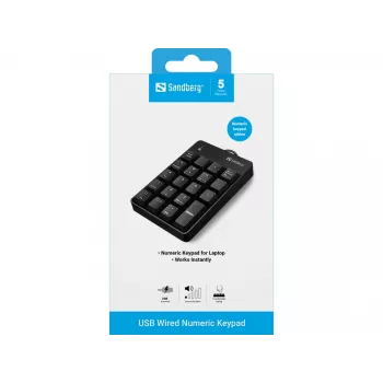 Sandberg USB Wired Numeric Keypad, USB, 19, Laptop/PC, 1.5 m, Black