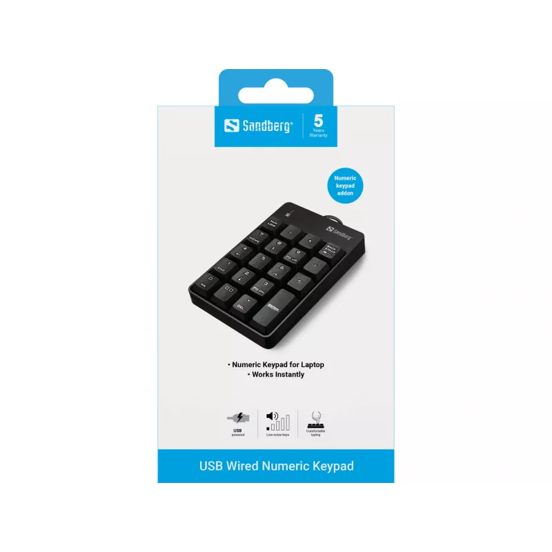 Sandberg USB Wired Numeric Keypad, USB, 19, Laptop/PC, 1.5 m, Black