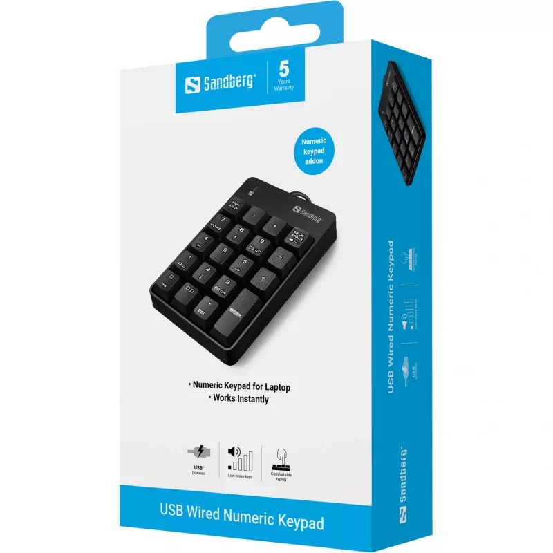 Sandberg USB Wired Numeric Keypad, USB, 19, Laptop/PC, 1.5 m, Black
