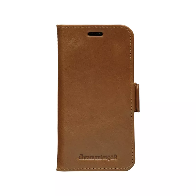 Wallet case dbramante1928 Lynge for iPhone 12 mini (5.4 inch) — Tan, 3 card pockets, desktop stand