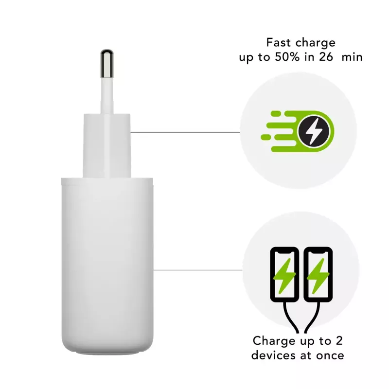Wall Charger d bramante re-charge Pro — 2× USB-C 25W, 110–240V, White