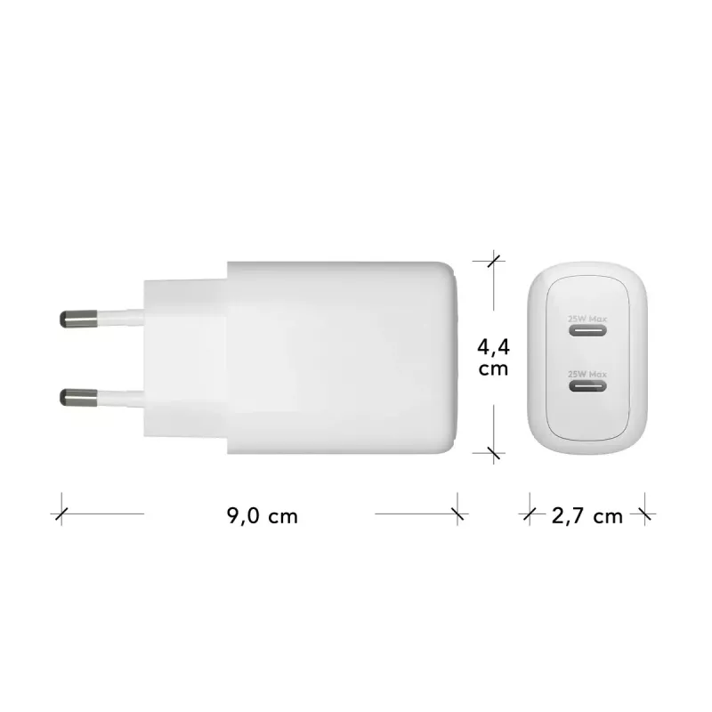 Wall Charger d bramante re-charge Pro — 2× USB-C 25W, 110–240V, White