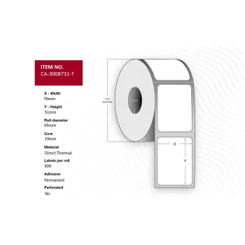 Label roll Capture CA-3008731-T — 76×51 mm labels, 19 mm core, permanent, no perforation, black mark, 300 labels/roll