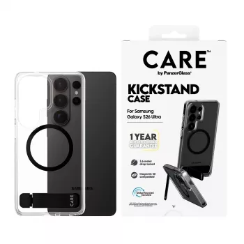 PanzerGlass CARE™ Urban Explorer Case for Samsung Galaxy S26 Ultra — Transparent cover with black kickstand and Qi support