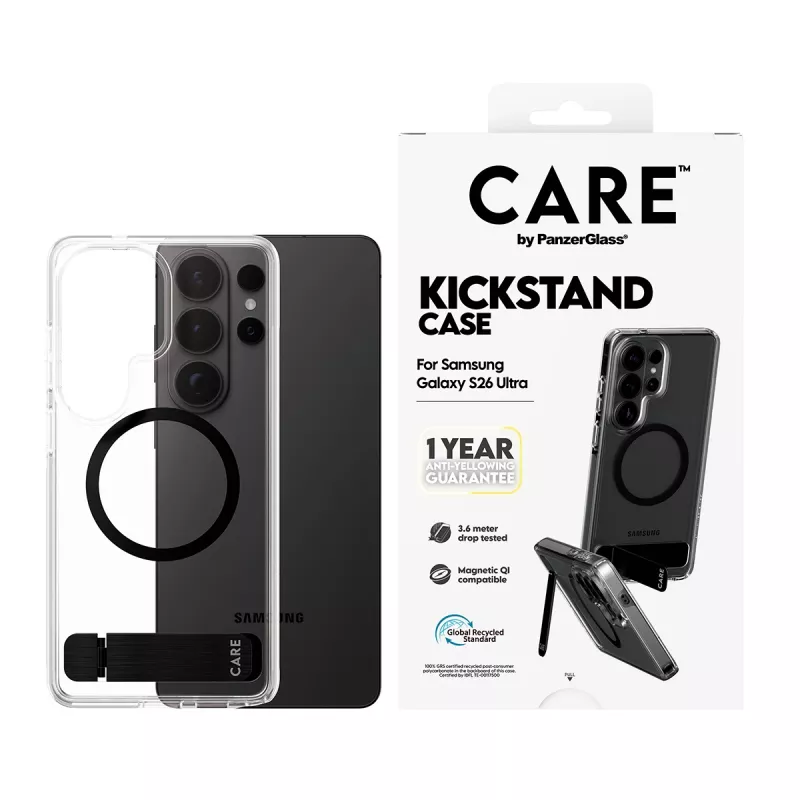 PanzerGlass CARE™ Urban Explorer Case for Samsung Galaxy S26 Ultra — Transparent cover with black kickstand and Qi support