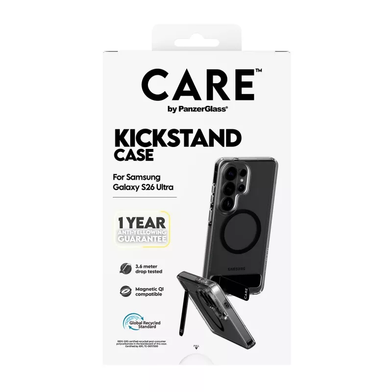 PanzerGlass CARE™ Urban Explorer Case for Samsung Galaxy S26 Ultra — Transparent cover with black kickstand and Qi support