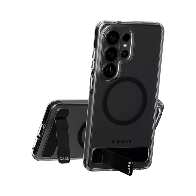 PanzerGlass CARE™ Urban Explorer Case for Samsung Galaxy S26 Ultra — Transparent cover with black kickstand and Qi support