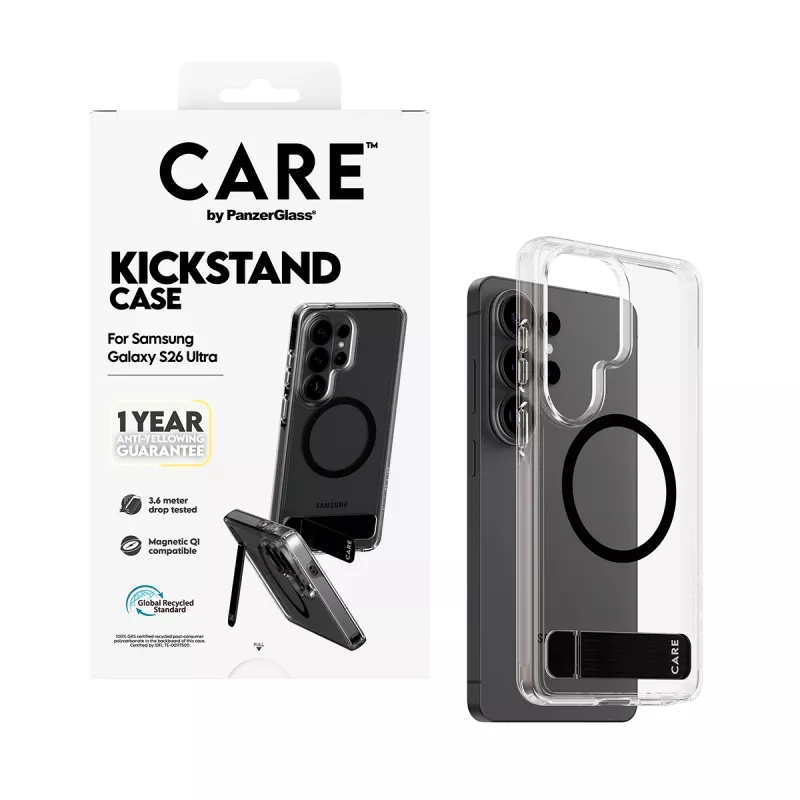PanzerGlass CARE™ Urban Explorer Case for Samsung Galaxy S26 Ultra — Transparent cover with black kickstand and Qi support