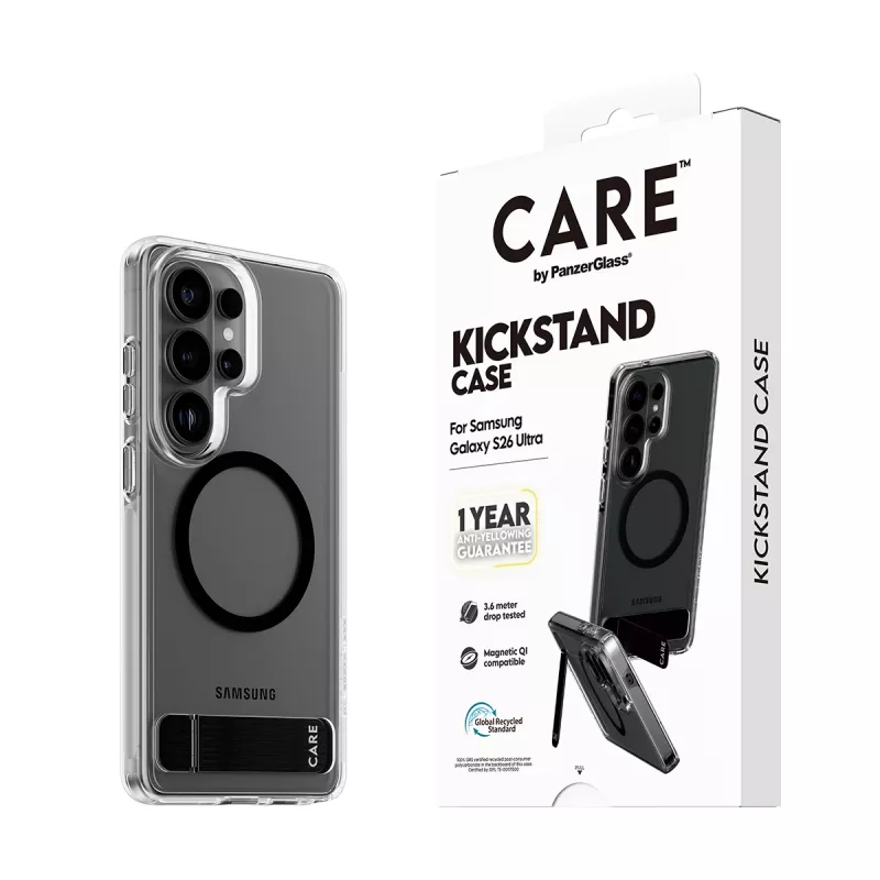 PanzerGlass CARE™ Urban Explorer Case for Samsung Galaxy S26 Ultra — Transparent cover with black kickstand and Qi support