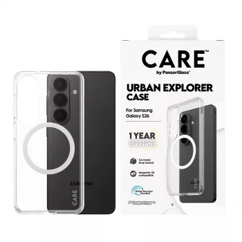 PanzerGlass CARE™ Urban Explorer Case for Samsung Galaxy S26 — Transparent cover with White Qi support