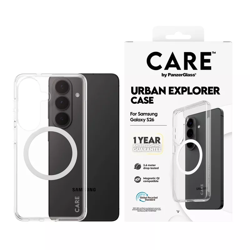 PanzerGlass CARE™ Urban Explorer Case for Samsung Galaxy S26 — Transparent cover with White Qi support