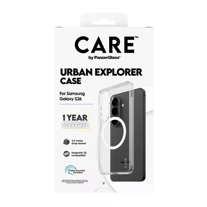 PanzerGlass CARE™ Urban Explorer Case for Samsung Galaxy S26 — Transparent cover with White Qi support