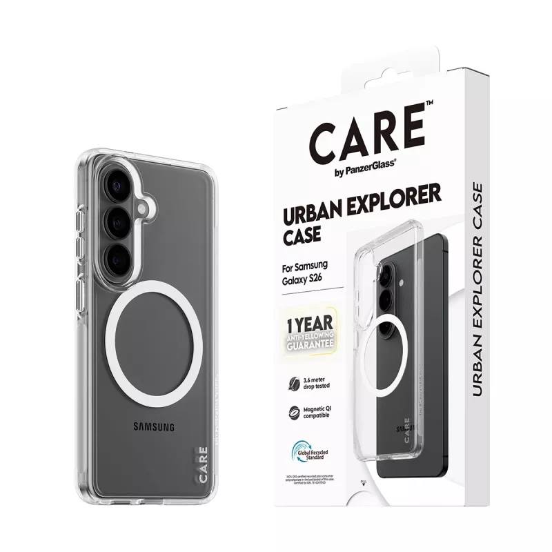 PanzerGlass CARE™ Urban Explorer Case for Samsung Galaxy S26 — Transparent cover with White Qi support