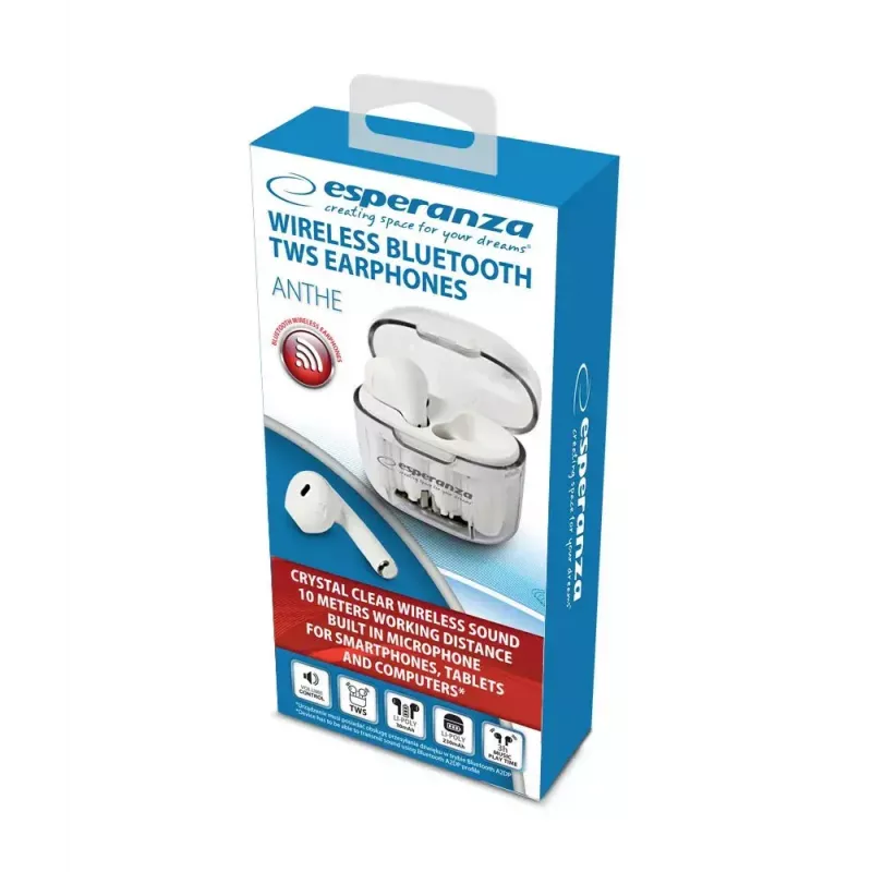 Wireless in-ear headphones ESPERANZA EH237W — Bluetooth 5.3, touch control, 3–4 h battery, white