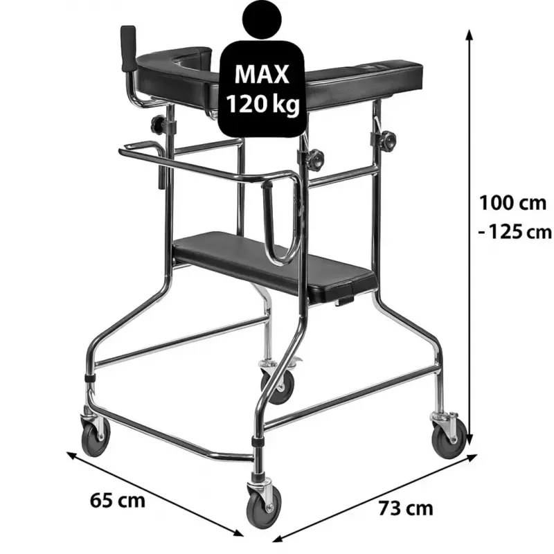 Rehabilitation high walker ActionMed B200AM — standing support with seat, 4 wheels, adjustable height 100–125 cm, max load 120 kg, frame width 65 cm