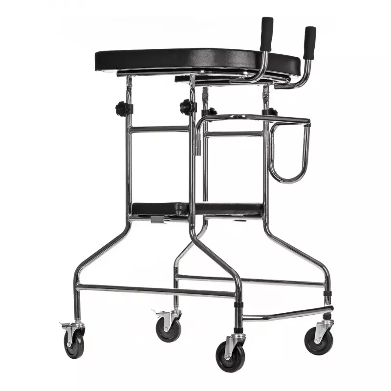 Rehabilitation high walker ActionMed B200AM — standing support with seat, 4 wheels, adjustable height 100–125 cm, max load 120 kg, frame width 65 cm