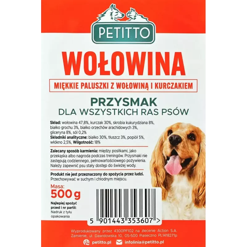 Dog treat PETITTO Soft beef sticks 500 g — training treats, beef flavor, grain-free, adult dogs