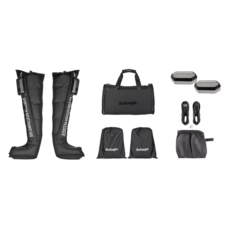 Lymphatic compression massager for legs ActiveJet ACM-PLUS-A1 S — battery 25 W, built-in battery, 330×840×60 mm, black/orange