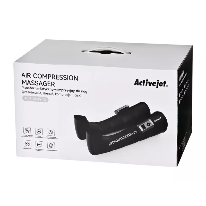 Lymphatic compression massager for legs ActiveJet ACM-PLUS-A1 S — battery 25 W, built-in battery, 330×840×60 mm, black/orange