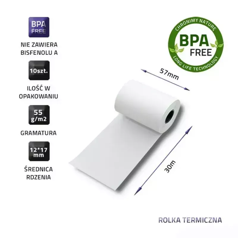 Thermal receipt roll QOLTEC 57 x 30 mm 55 g/m² BPA-free, core 17 mm, 10 pcs