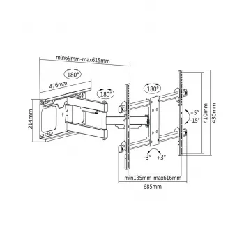 TV wall bracket Cabletech LEC-UCH0205 for 37–70 inch screens, VESA 600x400, load 60 kg, black