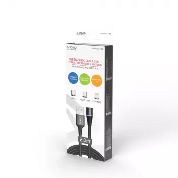 USB 2.0 cable SAVIO CL-155, USB A to interchangeable USB-C / Micro-USB B / Lightning, 2 m, black