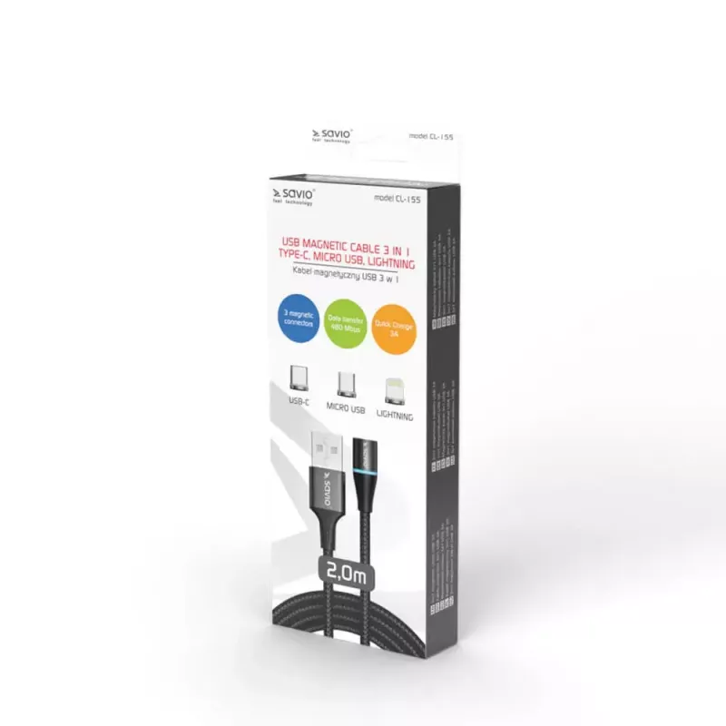 USB 2.0 cable SAVIO CL-155, USB A to interchangeable USB-C / Micro-USB B / Lightning, 2 m, black