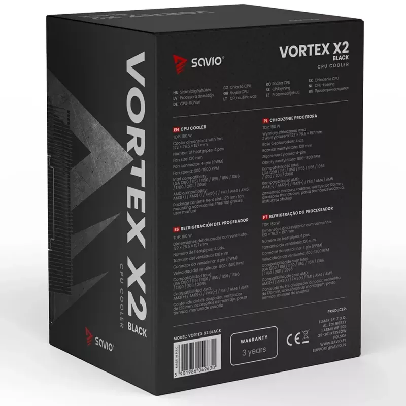 CPU air cooler SAVIO Vortex X2 Black – 120 mm fan, height 157 mm, PWM, LGA 2066 compatible