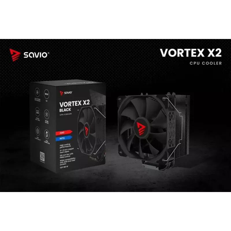CPU air cooler SAVIO Vortex X2 Black – 120 mm fan, height 157 mm, PWM, LGA 2066 compatible